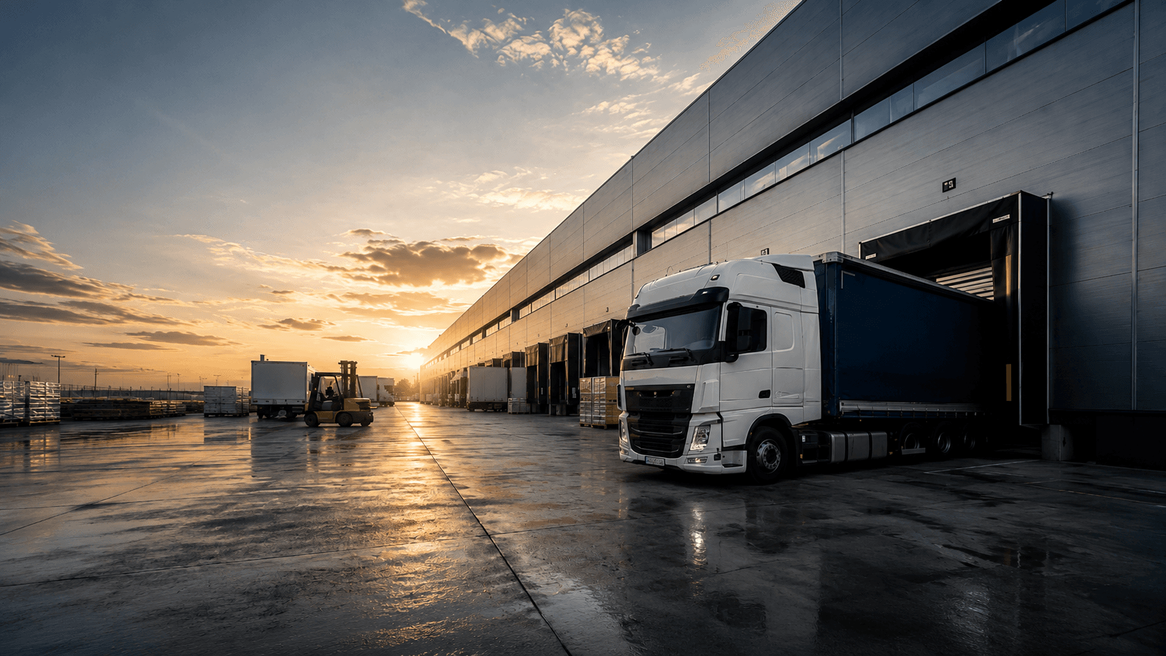 Ciężarówka MF Logistics podczas załadunku przy rampie magazynowej o świcie